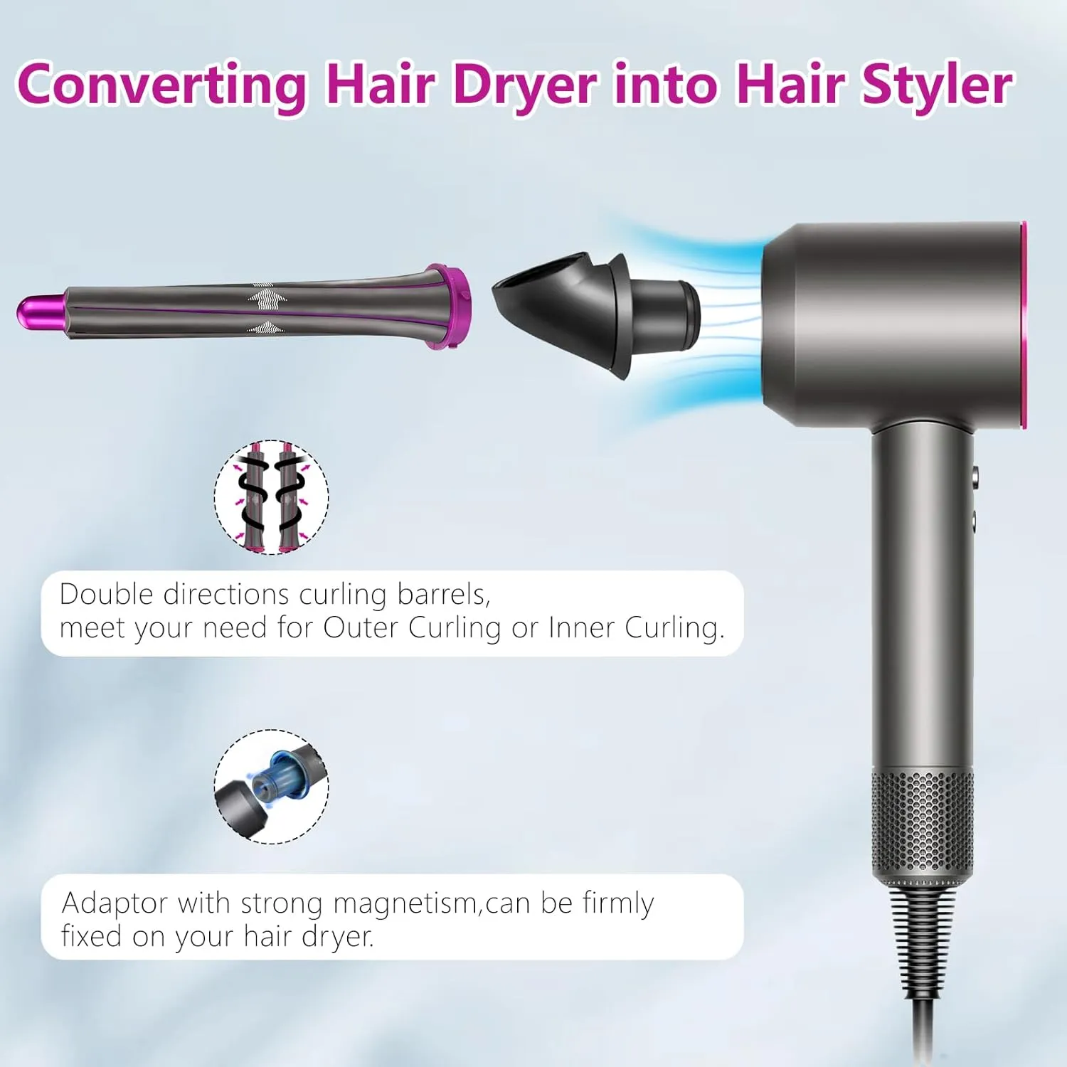 1 Pair 20mm/0.78 inch Long Hair Curling Barrels   2 Upgraded Adapter Attachments for Dyson Supersonic Hair Dryer HD01 HD02 HD03 HD07 HD08, Hair Tool Accessories for Multiple Hair Styles