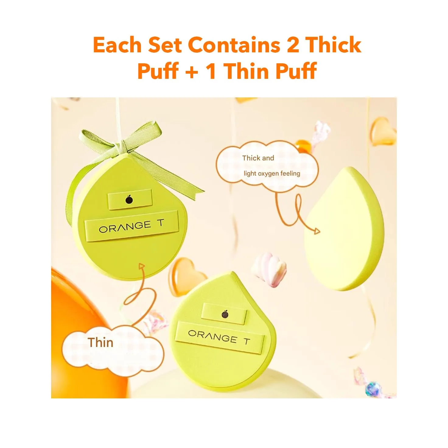 1 Set Orange T Puff Cushion Makeup Beauty Sponge Set, Thick & Thin Soft Makeup Foundation Puff With Case for Wet Use (Set B)