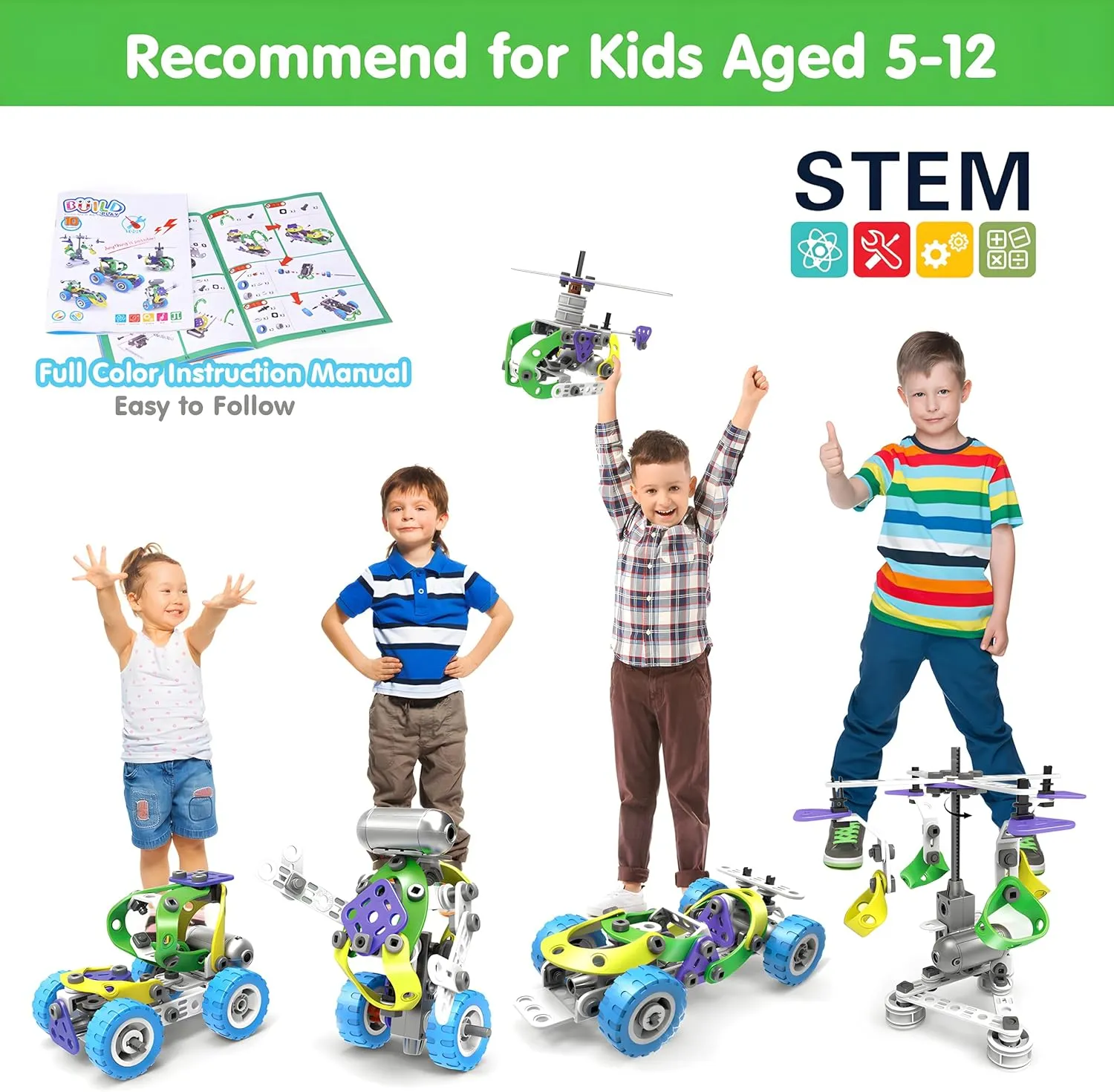 10 in 1 STEM Toys for 4 5 6 7 8  Year Old Boy Easter Birthday Gifts Building Toys for Kids Ages 4-8 5-7 6-8 Educational Stem Activities for Boy 4-6 8-10 Erector Set Construction Creative Games