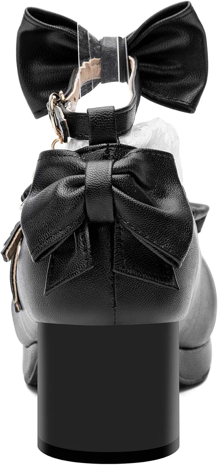 100FIXEO Women's Kawaii Platform Ankle Strap Chunky Heel Mary Jane Pumps Cute Closed Toe Goth Strappy Bow Lace Party Dress Shoes