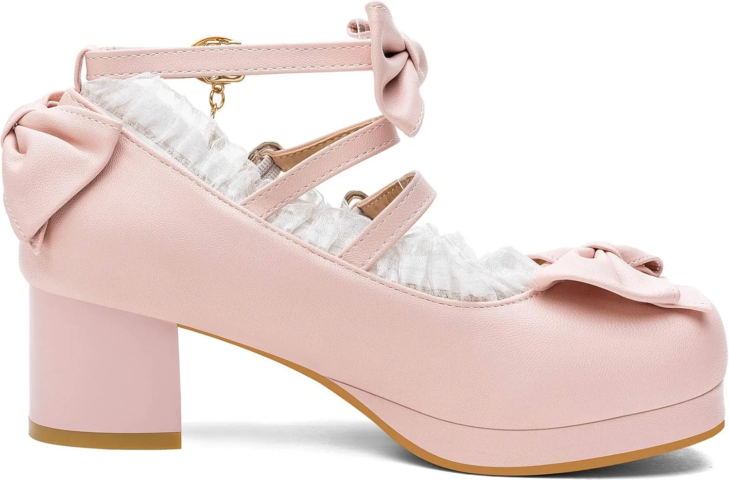 100FIXEO Women's Kawaii Platform Ankle Strap Chunky Heel Mary Jane Pumps Cute Closed Toe Goth Strappy Bow Lace Party Dress Shoes
