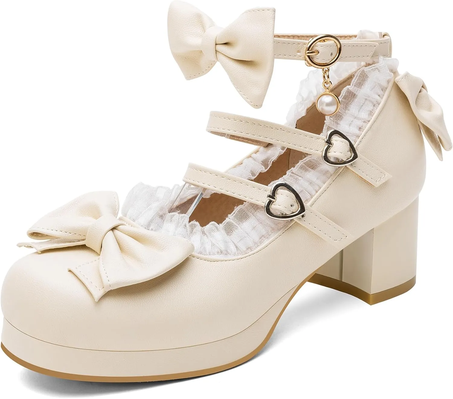 100FIXEO Women's Kawaii Platform Ankle Strap Chunky Heel Mary Jane Pumps Cute Closed Toe Goth Strappy Bow Lace Party Dress Shoes