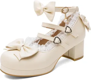 100FIXEO Women's Kawaii Platform Ankle Strap Chunky Heel Mary Jane Pumps Cute Closed Toe Goth Strappy Bow Lace Party Dress Shoes