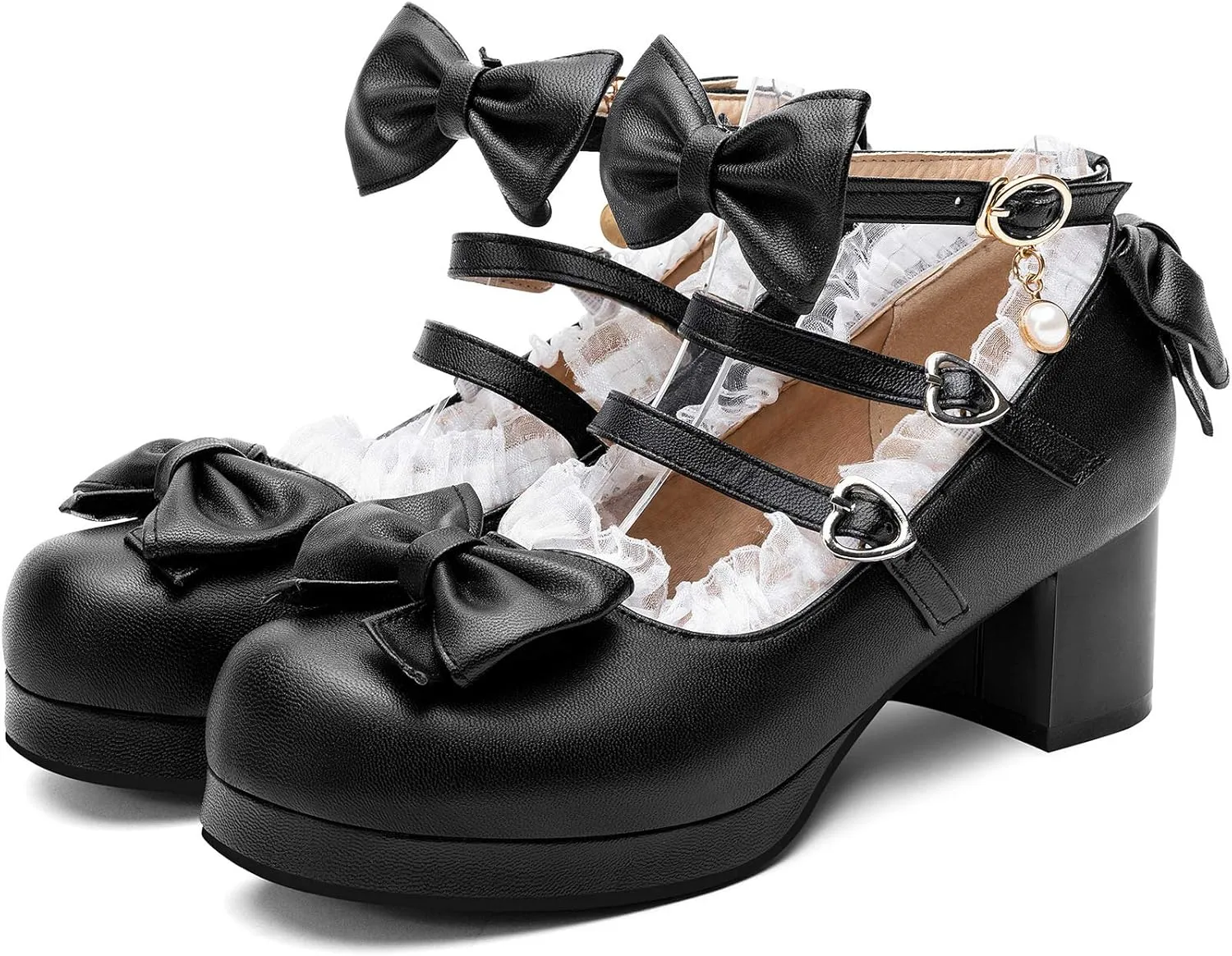 100FIXEO Women's Kawaii Platform Ankle Strap Chunky Heel Mary Jane Pumps Cute Closed Toe Goth Strappy Bow Lace Party Dress Shoes