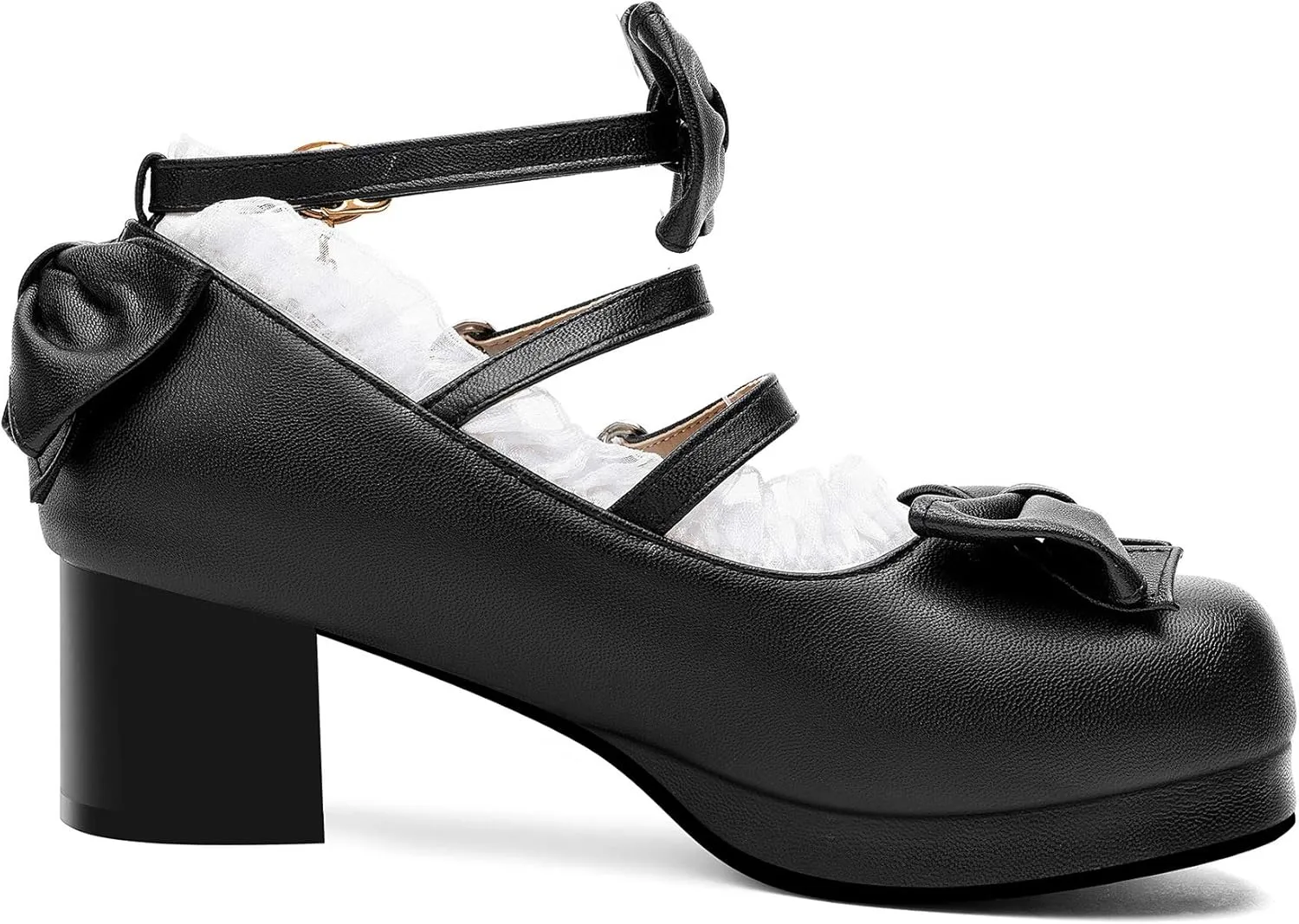 100FIXEO Women's Kawaii Platform Ankle Strap Chunky Heel Mary Jane Pumps Cute Closed Toe Goth Strappy Bow Lace Party Dress Shoes