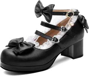 100FIXEO Women's Kawaii Platform Ankle Strap Chunky Heel Mary Jane Pumps Cute Closed Toe Goth Strappy Bow Lace Party Dress Shoes