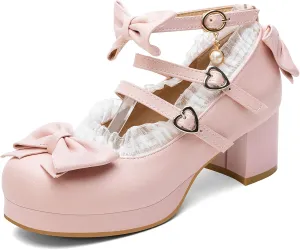 100FIXEO Women's Kawaii Platform Ankle Strap Chunky Heel Mary Jane Pumps Cute Closed Toe Goth Strappy Bow Lace Party Dress Shoes