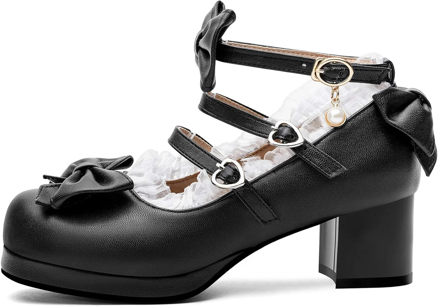 100FIXEO Women's Kawaii Platform Ankle Strap Chunky Heel Mary Jane Pumps Cute Closed Toe Goth Strappy Bow Lace Party Dress Shoes