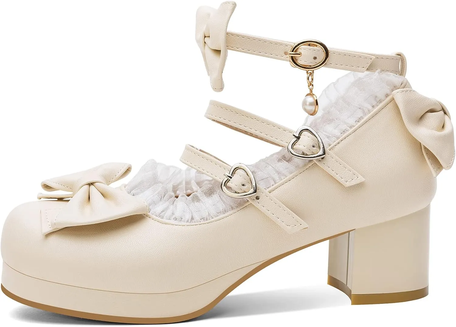 100FIXEO Women's Kawaii Platform Ankle Strap Chunky Heel Mary Jane Pumps Cute Closed Toe Goth Strappy Bow Lace Party Dress Shoes