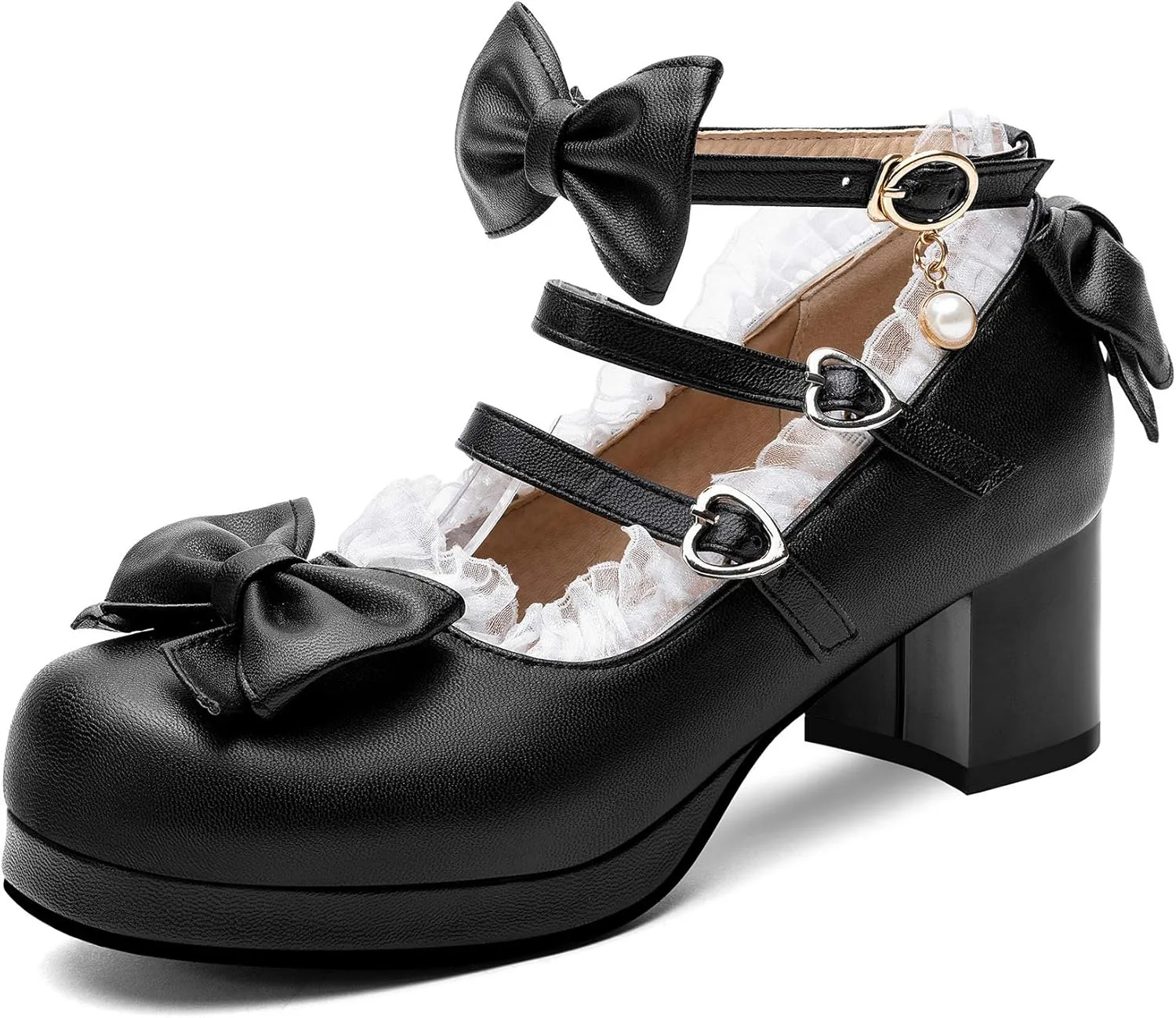 100FIXEO Women's Kawaii Platform Ankle Strap Chunky Heel Mary Jane Pumps Cute Closed Toe Goth Strappy Bow Lace Party Dress Shoes