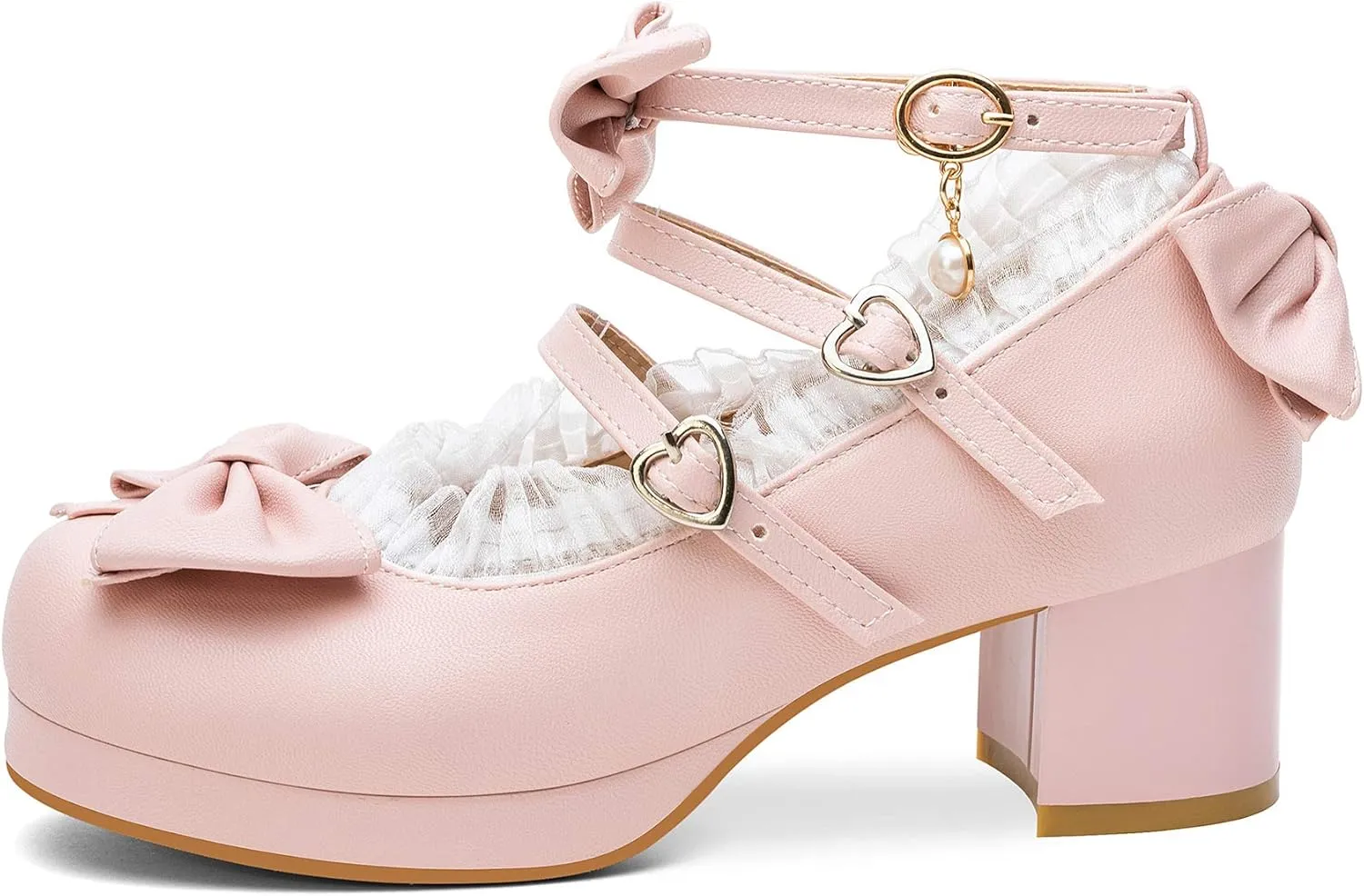 100FIXEO Women's Kawaii Platform Ankle Strap Chunky Heel Mary Jane Pumps Cute Closed Toe Goth Strappy Bow Lace Party Dress Shoes