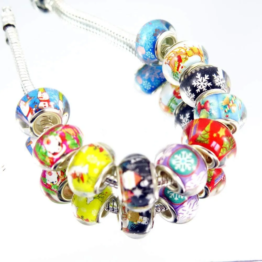 100pcs Mix Silver Color Large Hole Bead Resin Christmas Style Fit European Charm Bracelet Spacer for Jewelry Making (SD02)