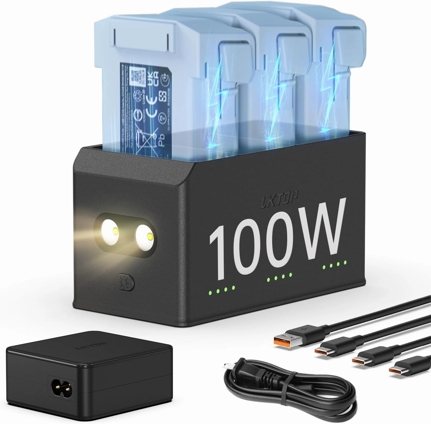 100W Mini 4/3 Series Battery Charging Hub with 100W Battery Charger USB-C Power Adapter for DJI Mini 4 Pro/3 Pro/3 Drone, with Storage LED Lights Alarm Mode (Parallel Charge 3 Batteries: 47 min)