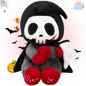 10" Otto Reaper Plush Toy, Halloween Skull Grim Reaper Stuffed Animal with Black Cape and Detachable Reaper Scythe, Funny Halloween Doll Skull Death Plushies Holiday Ghost Plush Toy Doll