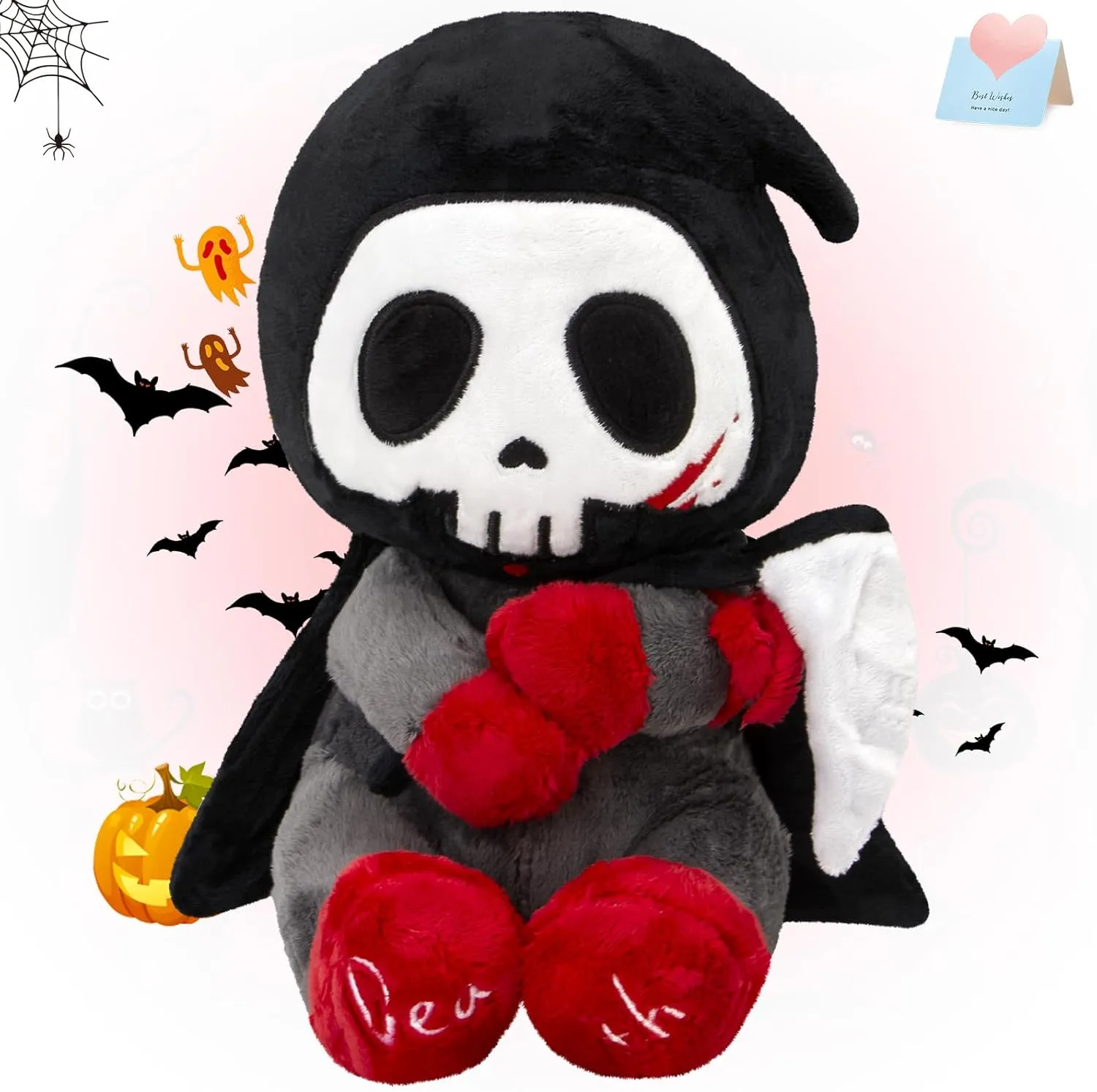 10" Otto Reaper Plush Toy, Halloween Skull Grim Reaper Stuffed Animal with Black Cape and Detachable Reaper Scythe, Funny Halloween Doll Skull Death Plushies Holiday Ghost Plush Toy Doll
