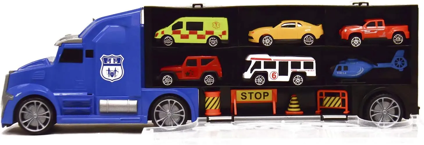 11 in 1 Die-cast Big Rig Transport Truck Car Carrier, Includes Sports Car, Pick up Truck, Shuttle Bus, Helicopter, Road Signs