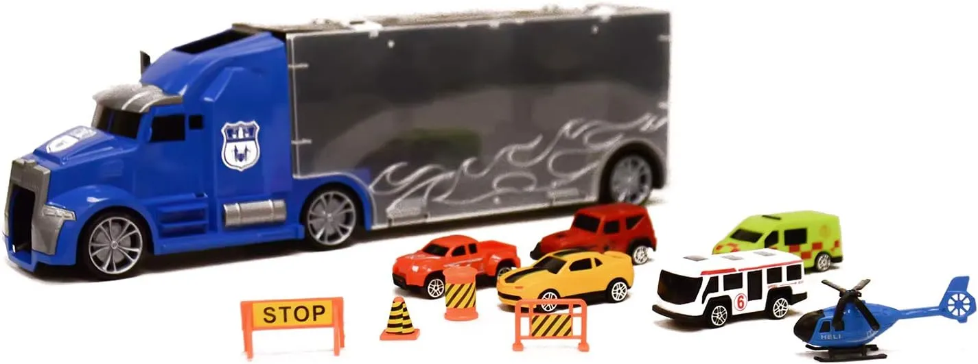 11 in 1 Die-cast Big Rig Transport Truck Car Carrier, Includes Sports Car, Pick up Truck, Shuttle Bus, Helicopter, Road Signs