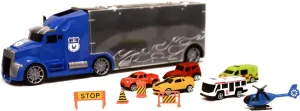 11 in 1 Die-cast Big Rig Transport Truck Car Carrier, Includes Sports Car, Pick up Truck, Shuttle Bus, Helicopter, Road Signs