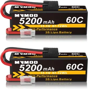 11.1V 3S LiPo Battery 2 Packs, 5200mAh 60C RC Lipo Batteries Hard Case with Tr Plug, RC Battery for Rc Car Rc Truck Airplane Helicopter Boat Drone FPV Racing Models