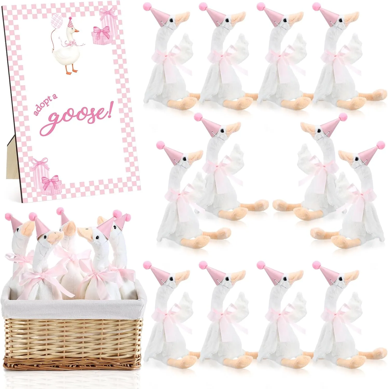 12 Sets One Silly Goose 1st Birthday Decoration 15. 7 Inch Soft Goose Stuffed Animal with Pink Hat Ribbon Wood Table Decoration for First Birthday Supplies Baby Shower Party Favors