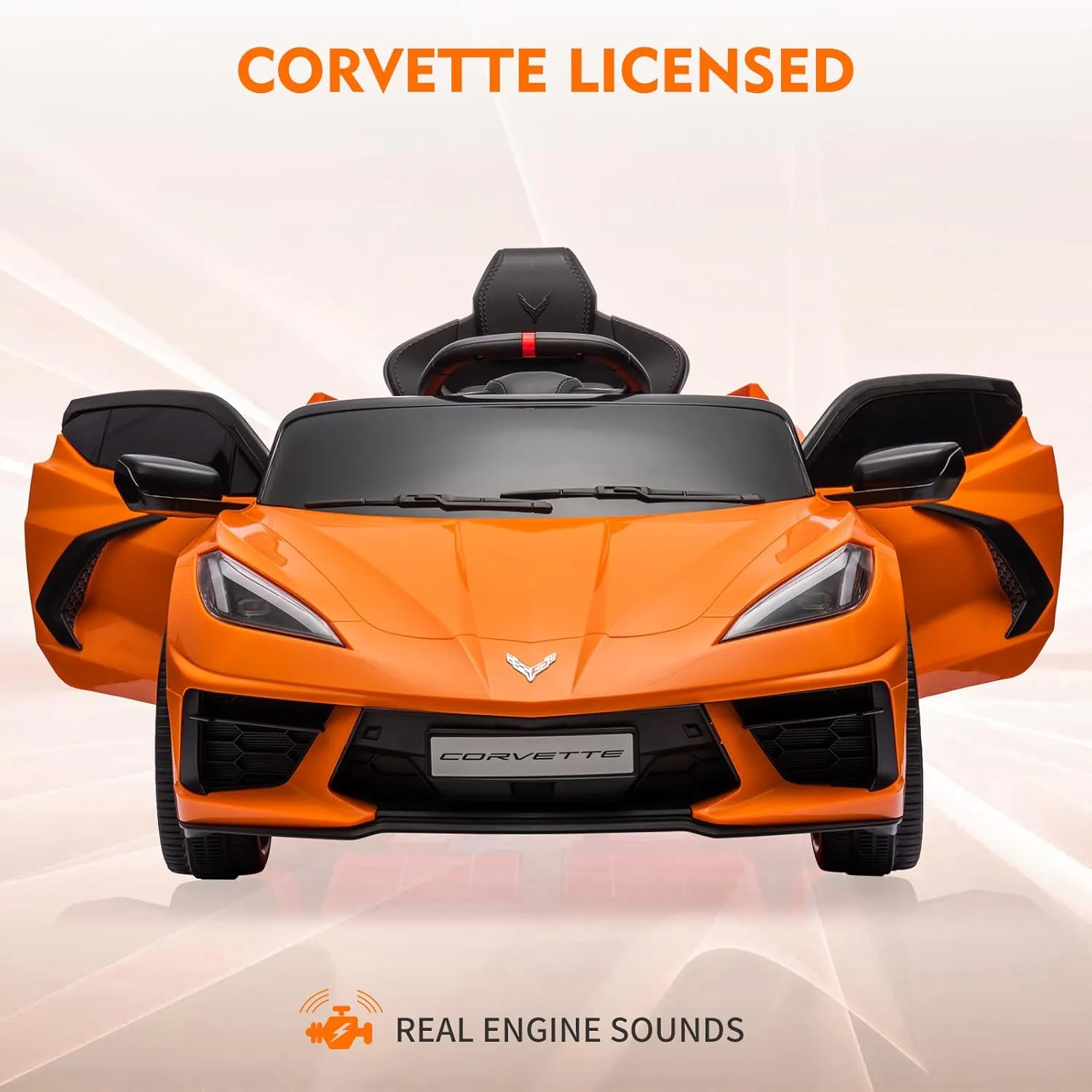 12V Kids Ride on Car Licensed Corvette Battery Powered Car Toddles Electric Sports Car Toy with Remote Control, Visual Dashboard, LED Lights, Music, Gifts for Boys Girls, Orange