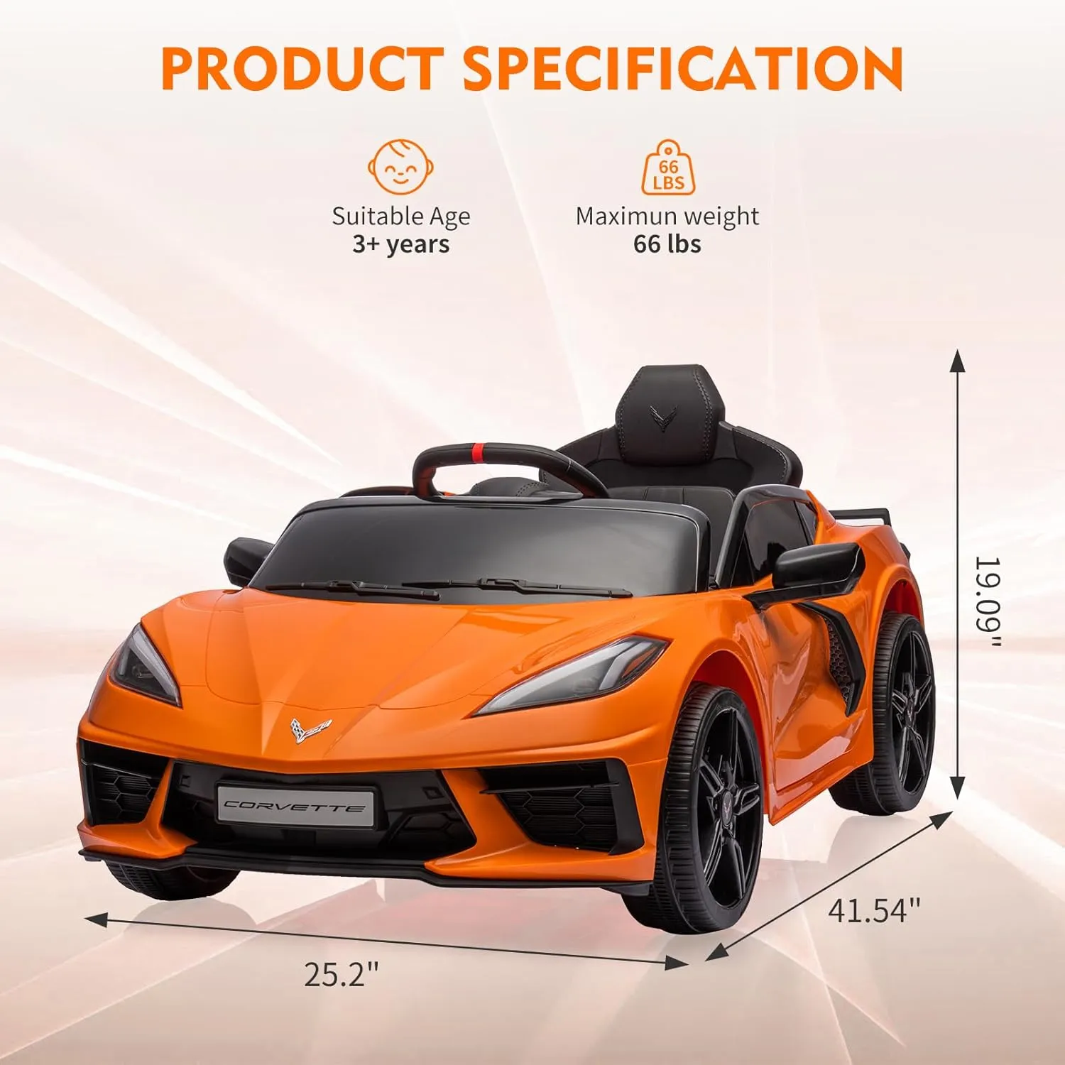 12V Kids Ride on Car Licensed Corvette Battery Powered Car Toddles Electric Sports Car Toy with Remote Control, Visual Dashboard, LED Lights, Music, Gifts for Boys Girls, Orange