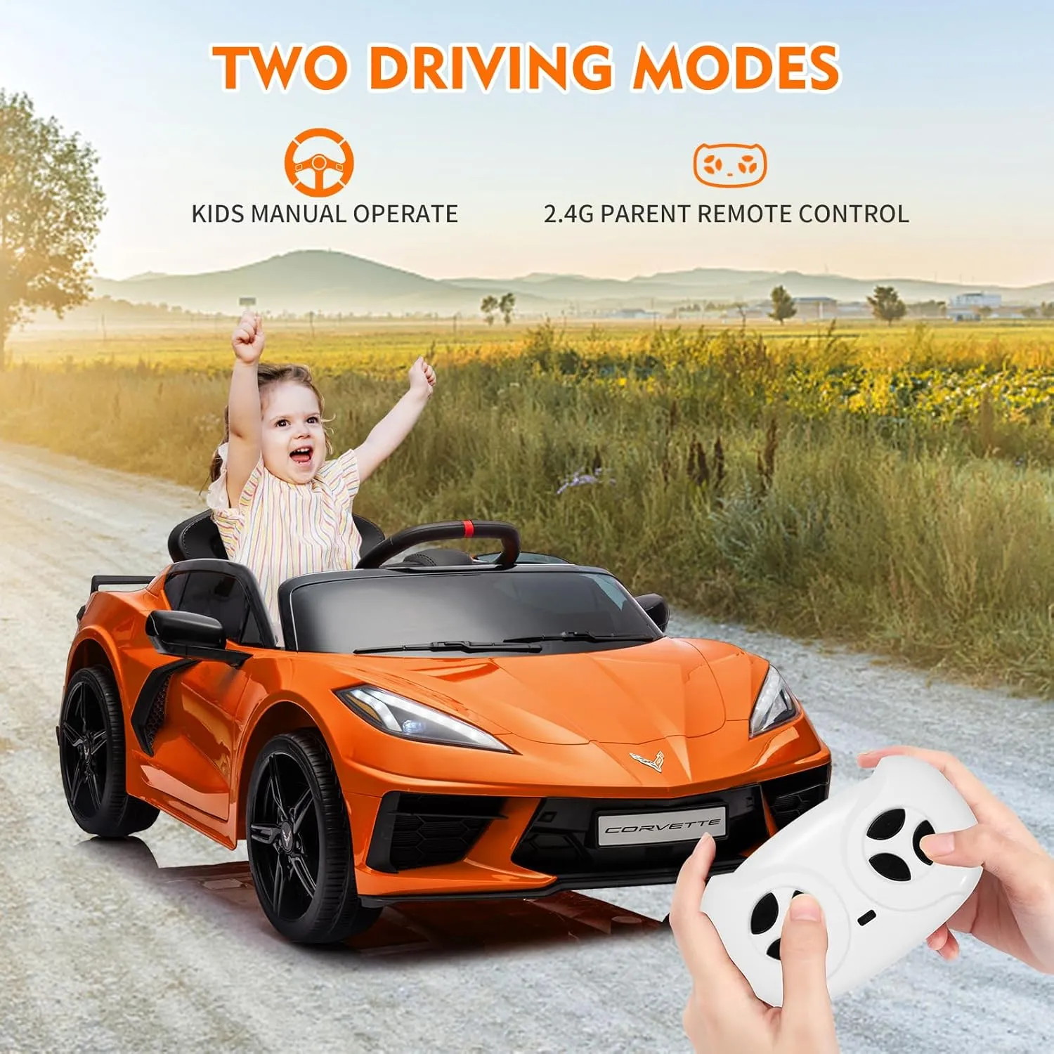 12V Kids Ride on Car Licensed Corvette Battery Powered Car Toddles Electric Sports Car Toy with Remote Control, Visual Dashboard, LED Lights, Music, Gifts for Boys Girls, Orange