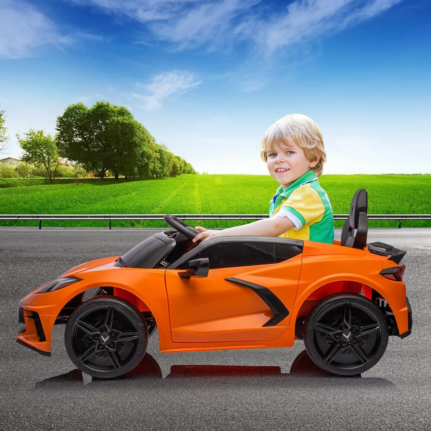 12V Kids Ride on Car Licensed Corvette Battery Powered Car Toddles Electric Sports Car Toy with Remote Control, Visual Dashboard, LED Lights, Music, Gifts for Boys Girls, Orange