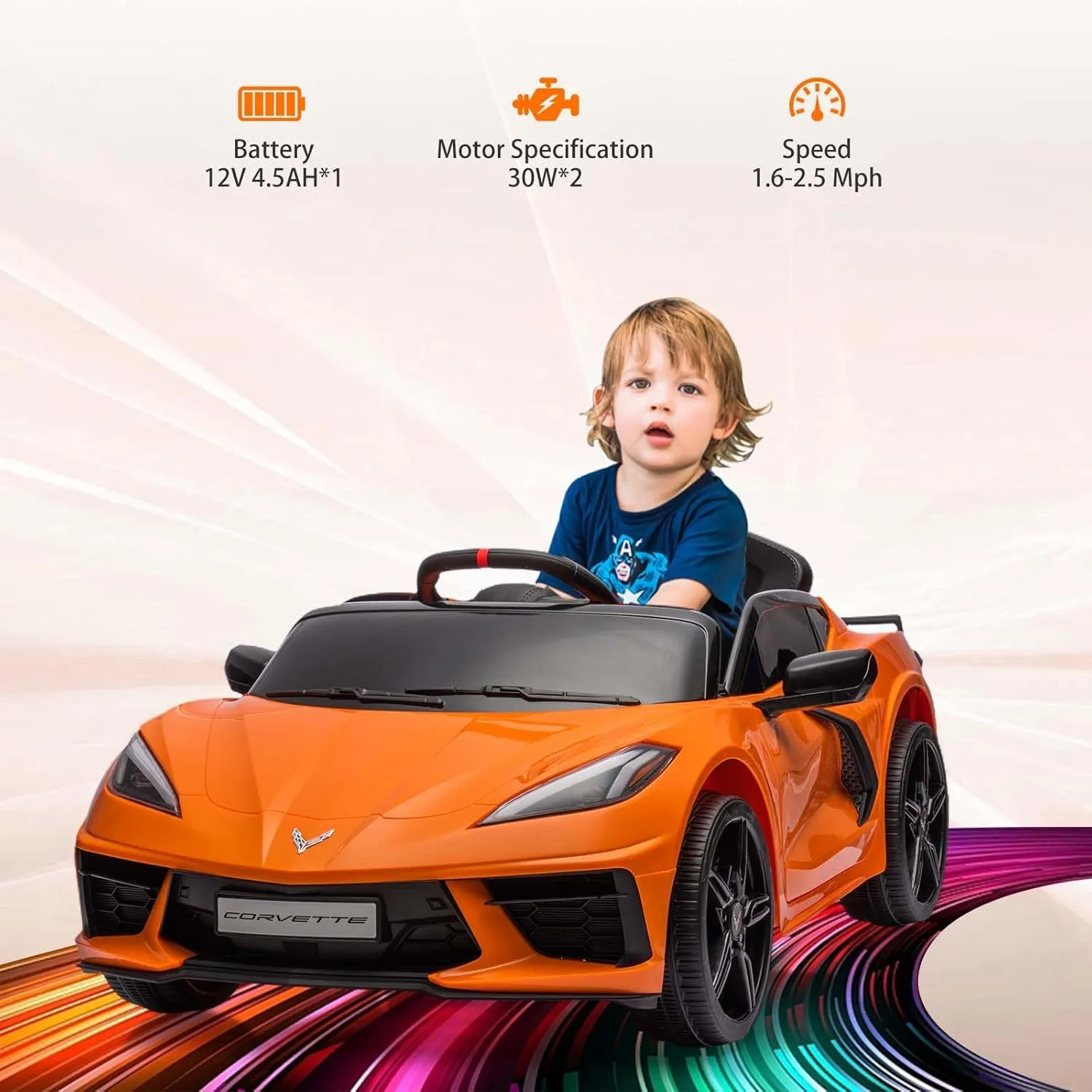 12V Kids Ride on Car Licensed Corvette Battery Powered Car Toddles Electric Sports Car Toy with Remote Control, Visual Dashboard, LED Lights, Music, Gifts for Boys Girls, Orange