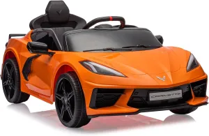 12V Kids Ride on Car Licensed Corvette Battery Powered Car Toddles Electric Sports Car Toy with Remote Control, Visual Dashboard, LED Lights, Music, Gifts for Boys Girls, Orange