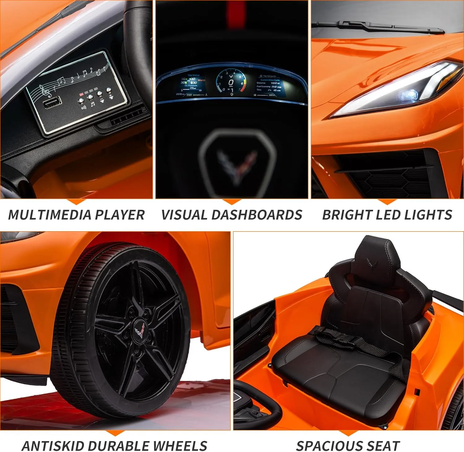 12V Kids Ride on Car Licensed Corvette Battery Powered Car Toddles Electric Sports Car Toy with Remote Control, Visual Dashboard, LED Lights, Music, Gifts for Boys Girls, Orange