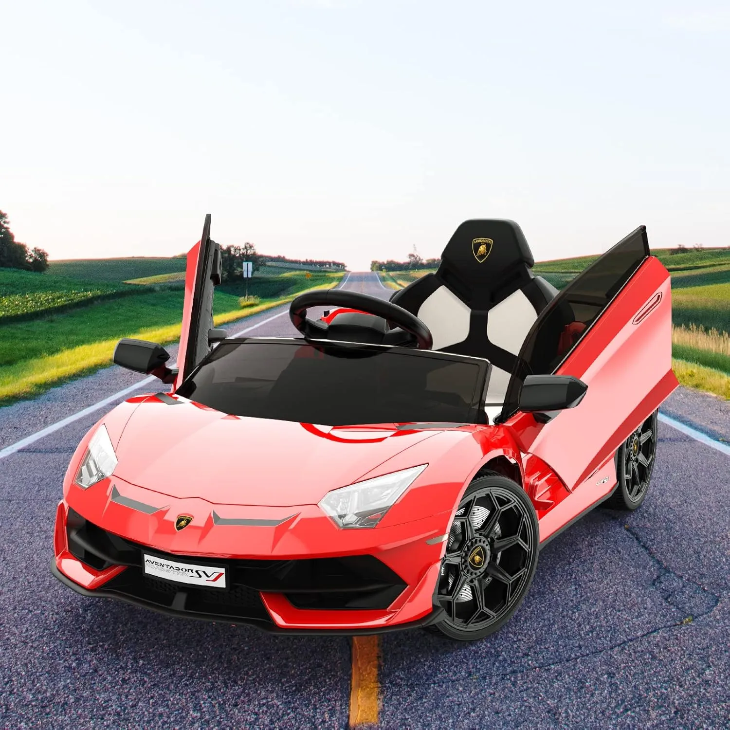 12V Ride Electric Car for Kids, Licensed Lamborghini Vehicles Battery Powered Sports Car with Remote Control, 2 Speeds, Sound System, Led Headlights and Hydraulic Doors