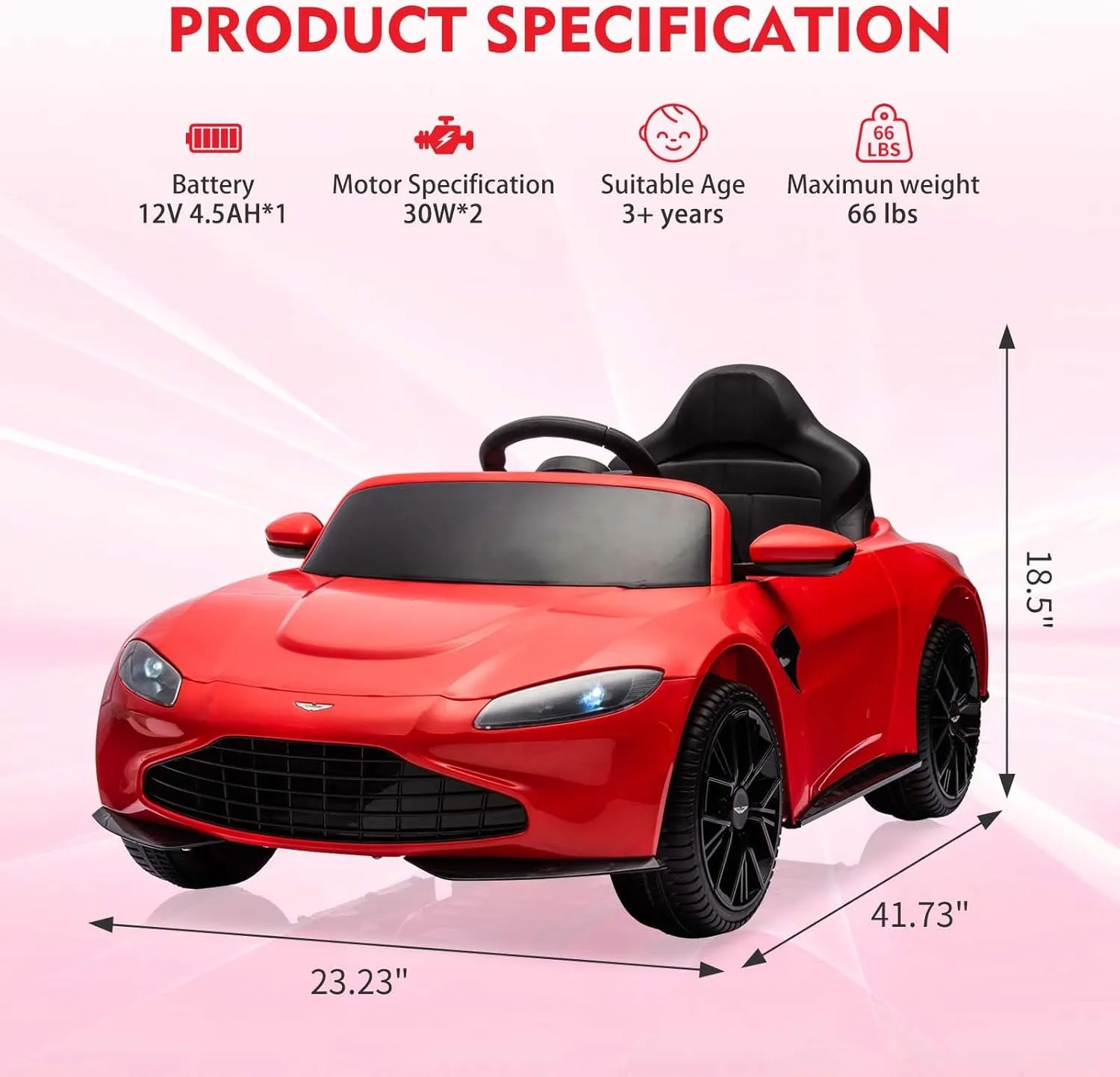 12V Ride on Sports Car for Kids Licensed Aston Martin Battery Powered Car Toddlers Ride on Toy with Remote Control, Horn, Soft Start, LED Lights, Music, USB, Electric Vehicle for Boys Girls (Red)