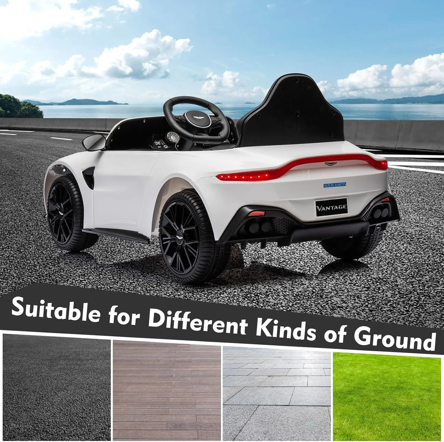 12V Ride on Sports Car for Kids Licensed Aston Martin Battery Powered Car Toddlers Ride on Toy with Remote Control, Horn, Soft Start, LED Lights, Music, USB, Electric Vehicle for Boys Girls (White)