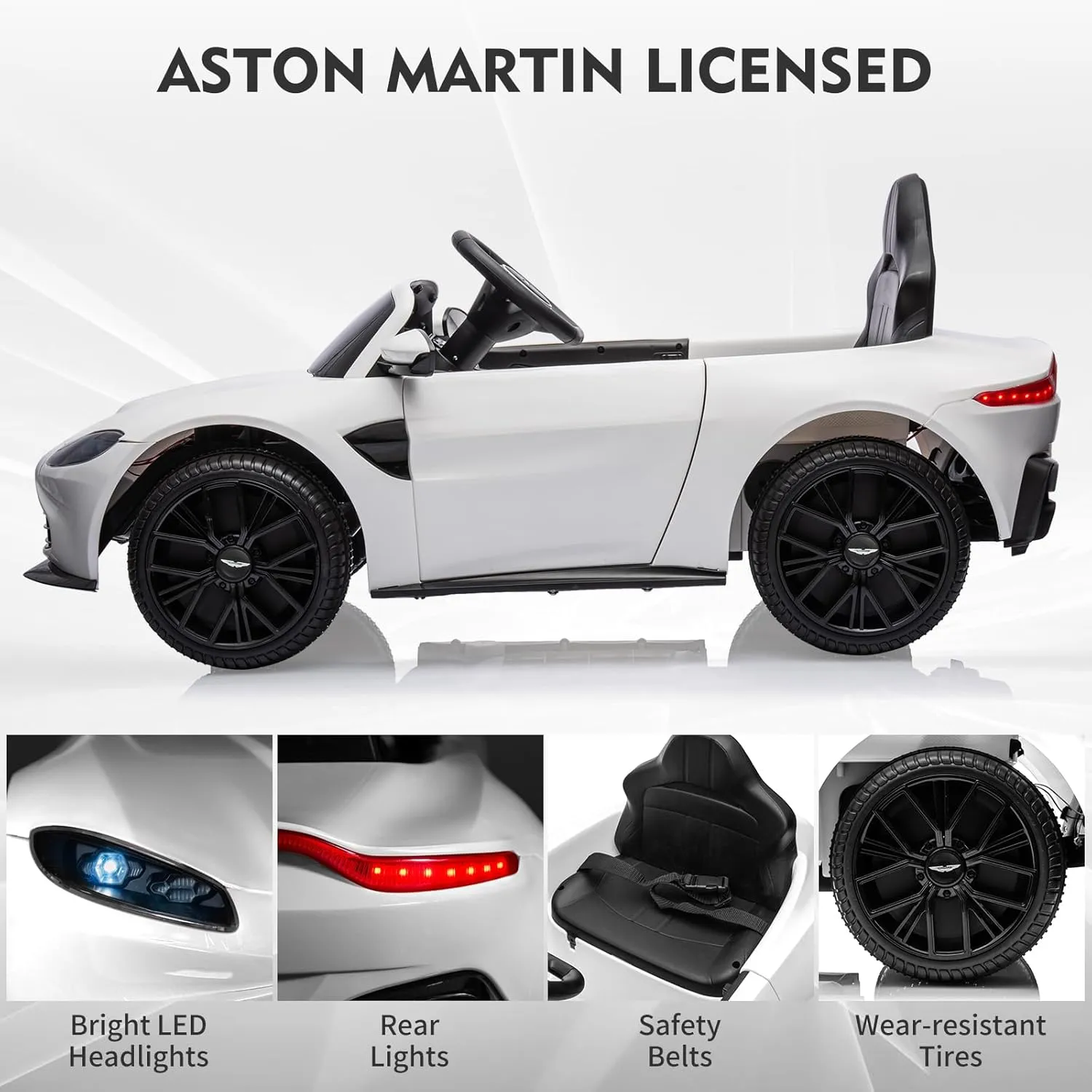 12V Ride on Sports Car for Kids Licensed Aston Martin Battery Powered Car Toddlers Ride on Toy with Remote Control, Horn, Soft Start, LED Lights, Music, USB, Electric Vehicle for Boys Girls (White)