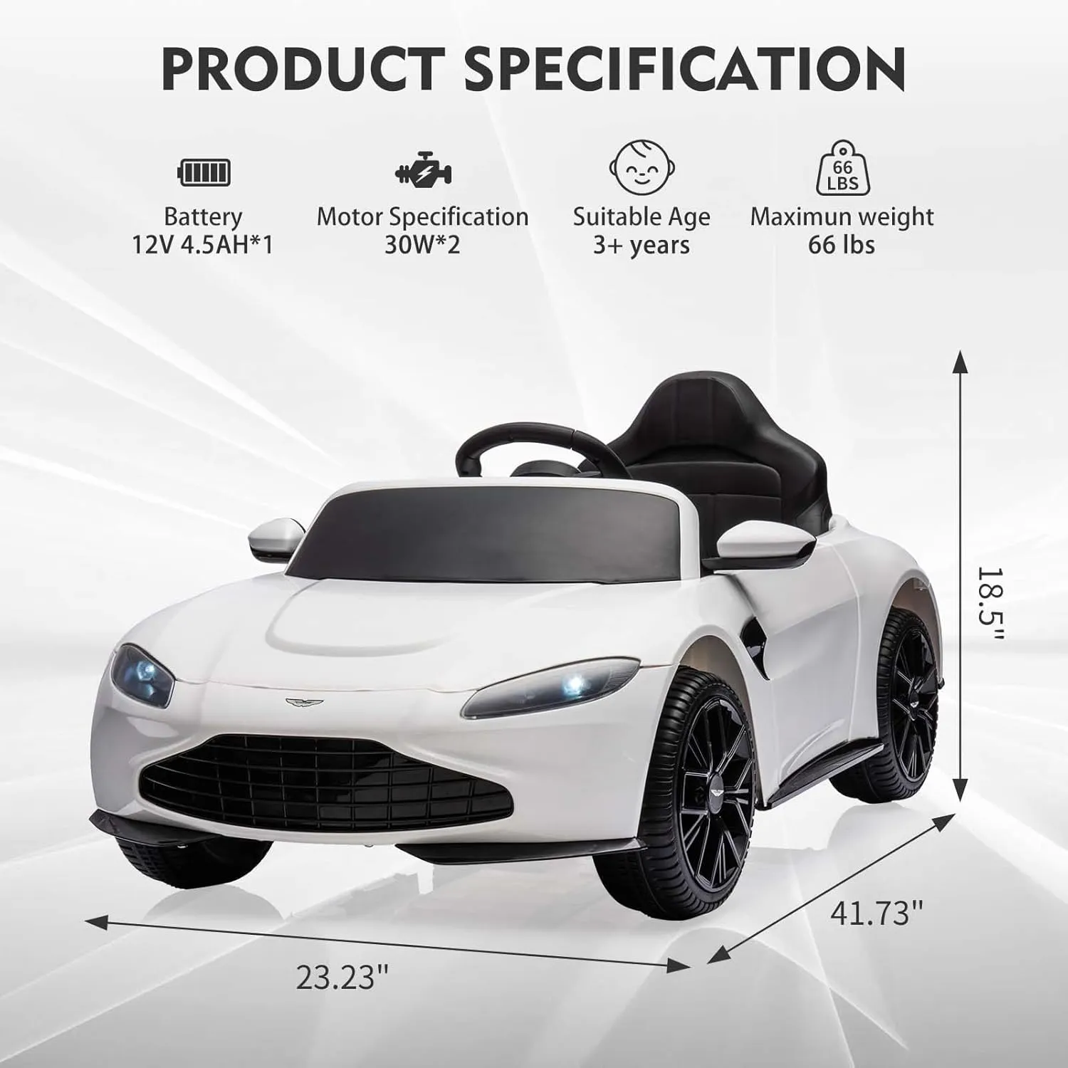 12V Ride on Sports Car for Kids Licensed Aston Martin Battery Powered Car Toddlers Ride on Toy with Remote Control, Horn, Soft Start, LED Lights, Music, USB, Electric Vehicle for Boys Girls (White)