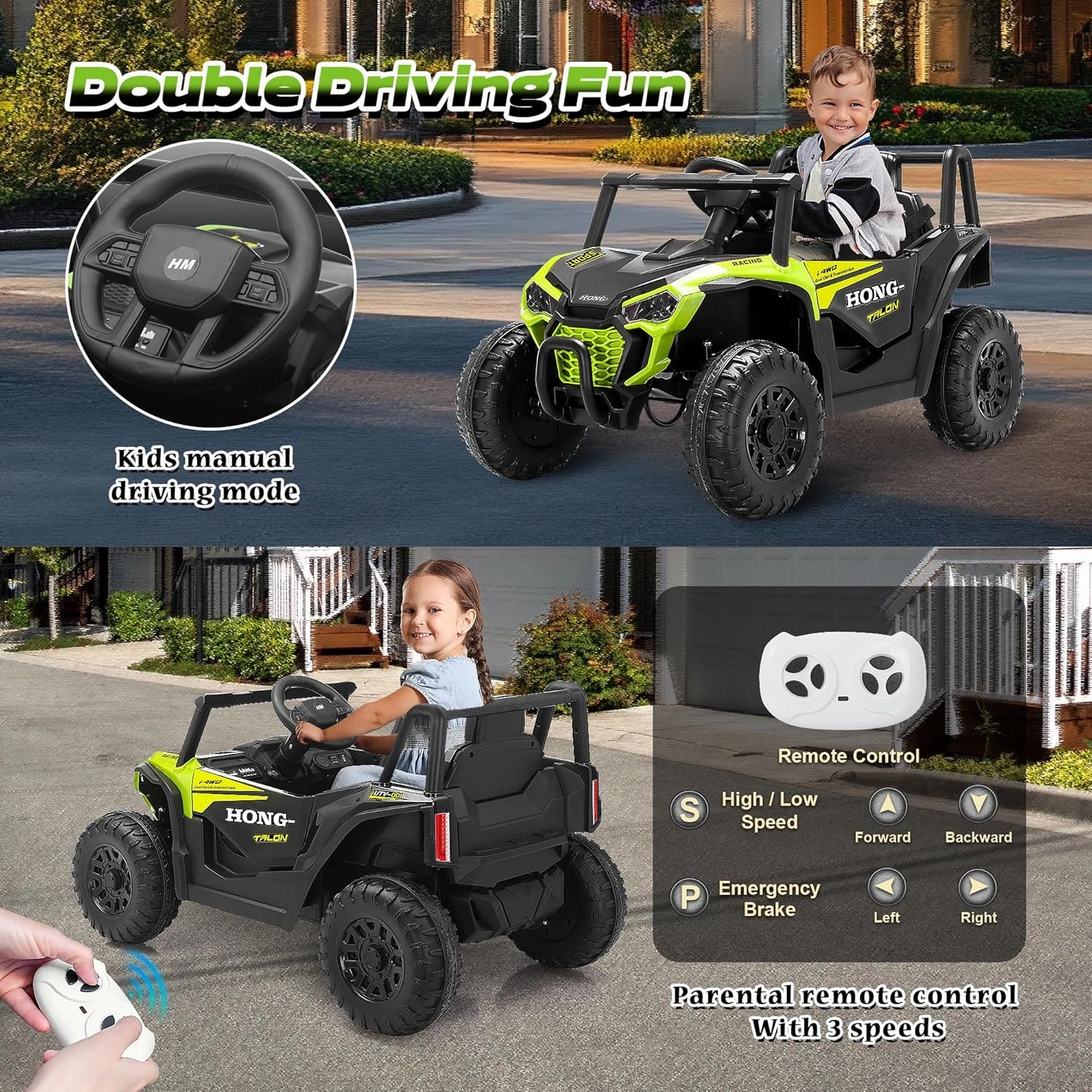 12V Kids Ride on Car, Electric Off-Road UTV Truck with Remote Control, LED Lights, 3 Speed, Music, Safety Belt, Soft Start, Horn, Battery Powered Ride on Toys for Kids Ages 3-6, Green