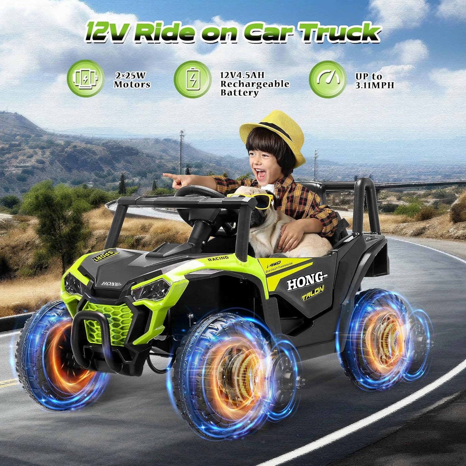 12V Kids Ride on Car, Electric Off-Road UTV Truck with Remote Control, LED Lights, 3 Speed, Music, Safety Belt, Soft Start, Horn, Battery Powered Ride on Toys for Kids Ages 3-6, Green