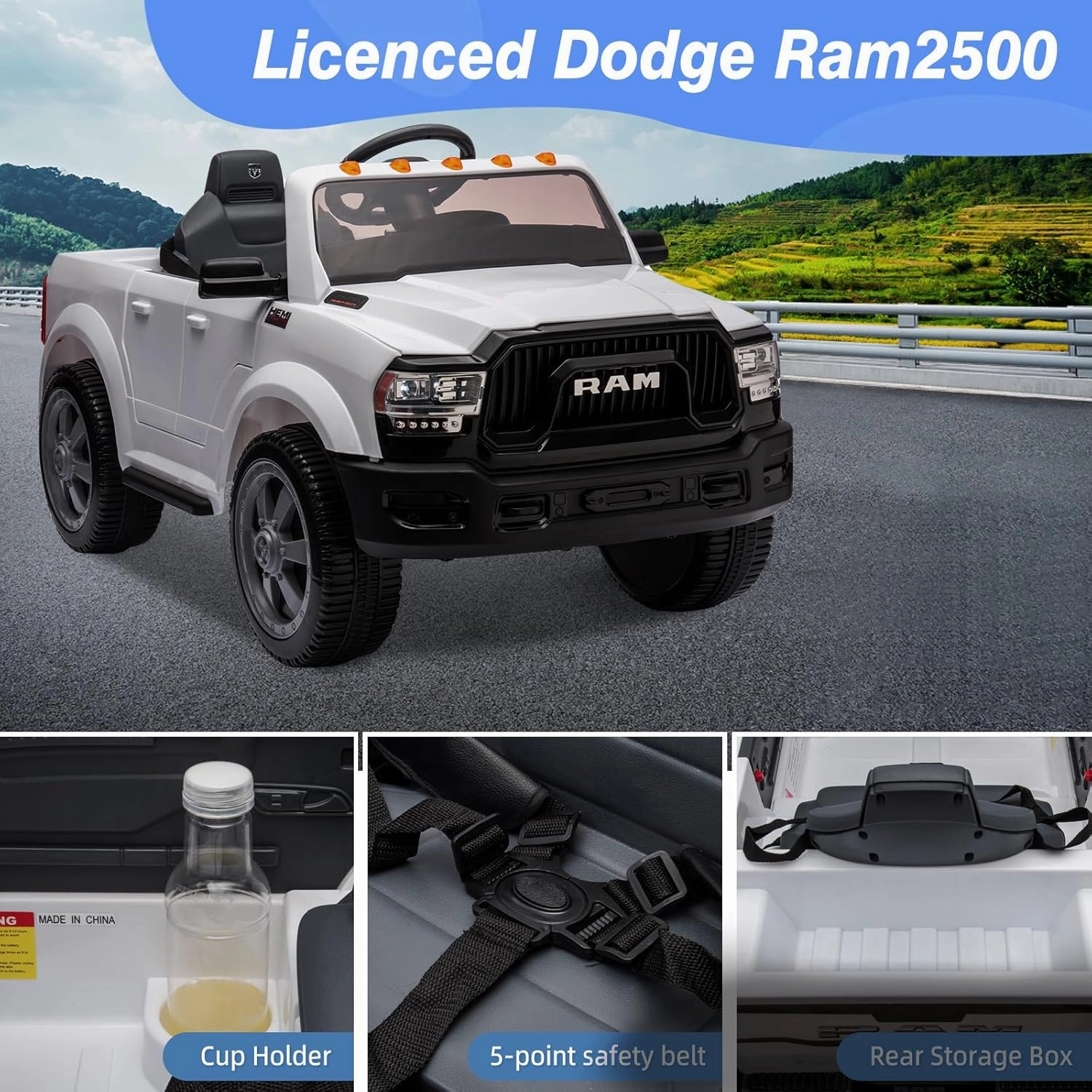 12V Ride on Toys for Kids 4-8, Licensed Ram 2500, Electric Car for Kids, with Remote Control, LED Light/Music/MP3, Back Storage & Cup Holder, Suitable for 3  (White)