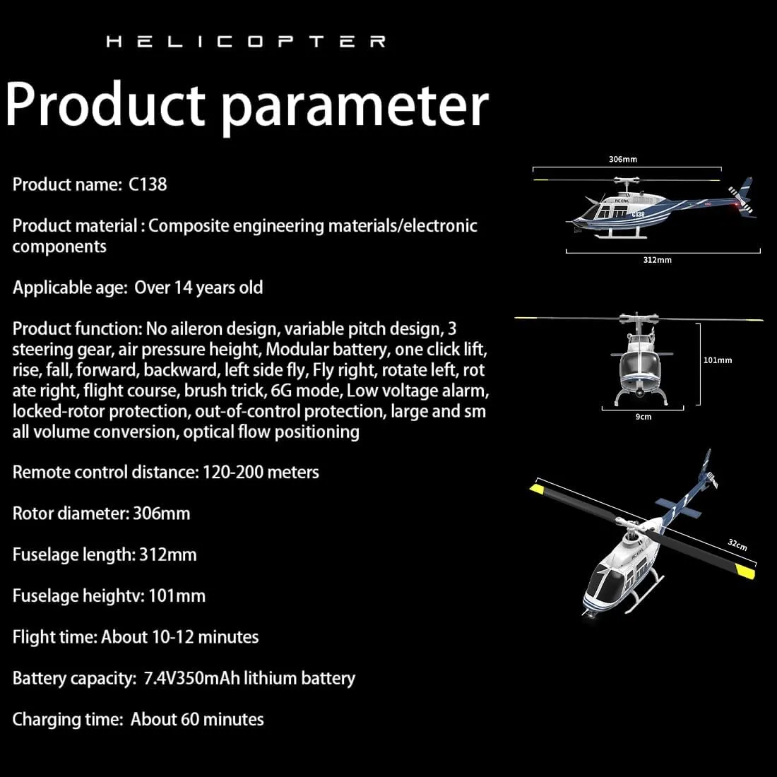 1/30 Scale RC ERA C138 Bell 206 RC Helicopter for Adult, 2.4G 6CH No Aileron Helicopter with Altitude Hold 6-axis Gyroand Optical Flow Positioning (Blue White/3 Batteries)