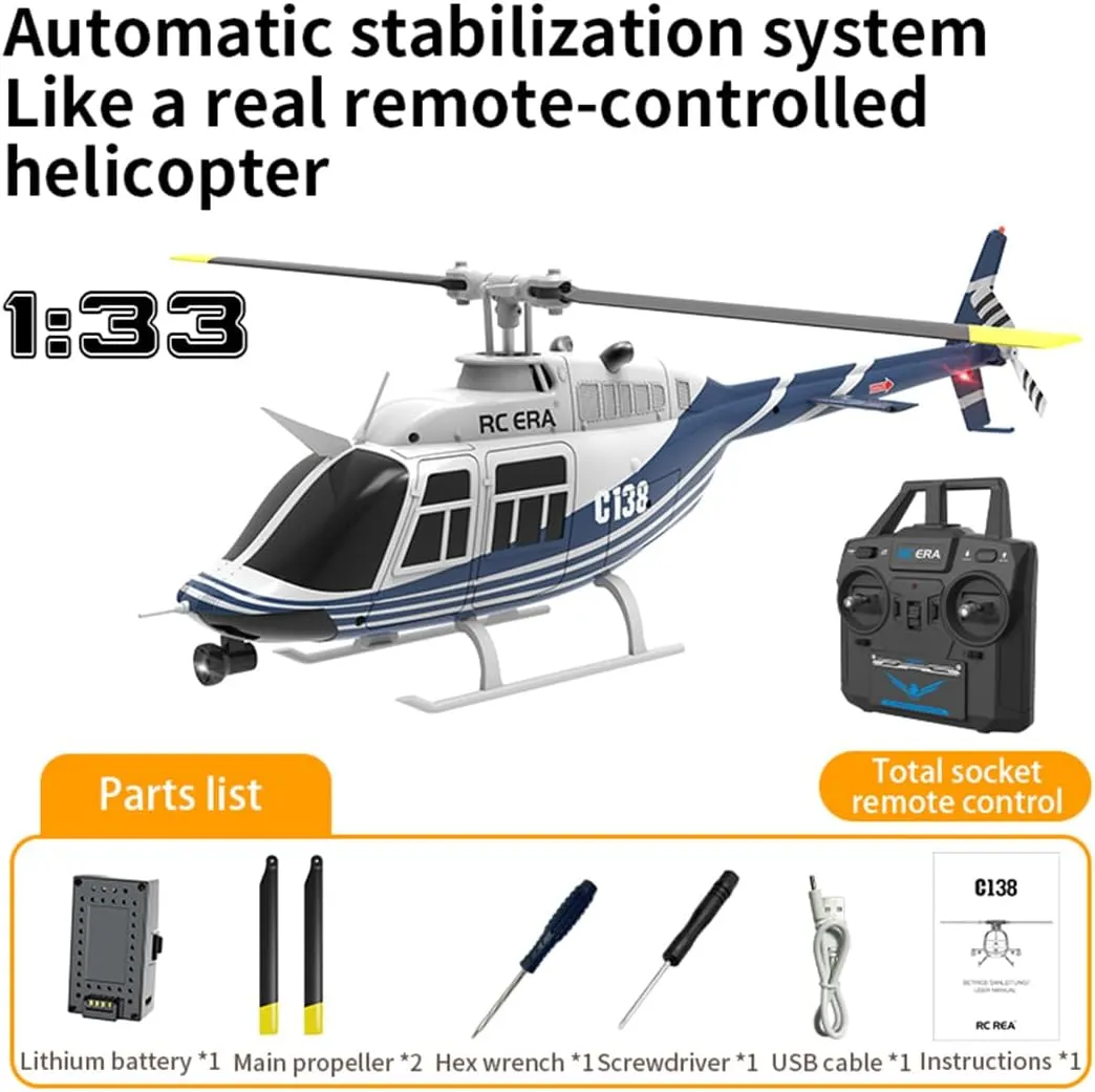 1/30 Scale RC ERA C138 Bell 206 RC Helicopter for Adult, 2.4G 6CH No Aileron Helicopter with Altitude Hold 6-axis Gyroand Optical Flow Positioning (Blue White/3 Batteries)