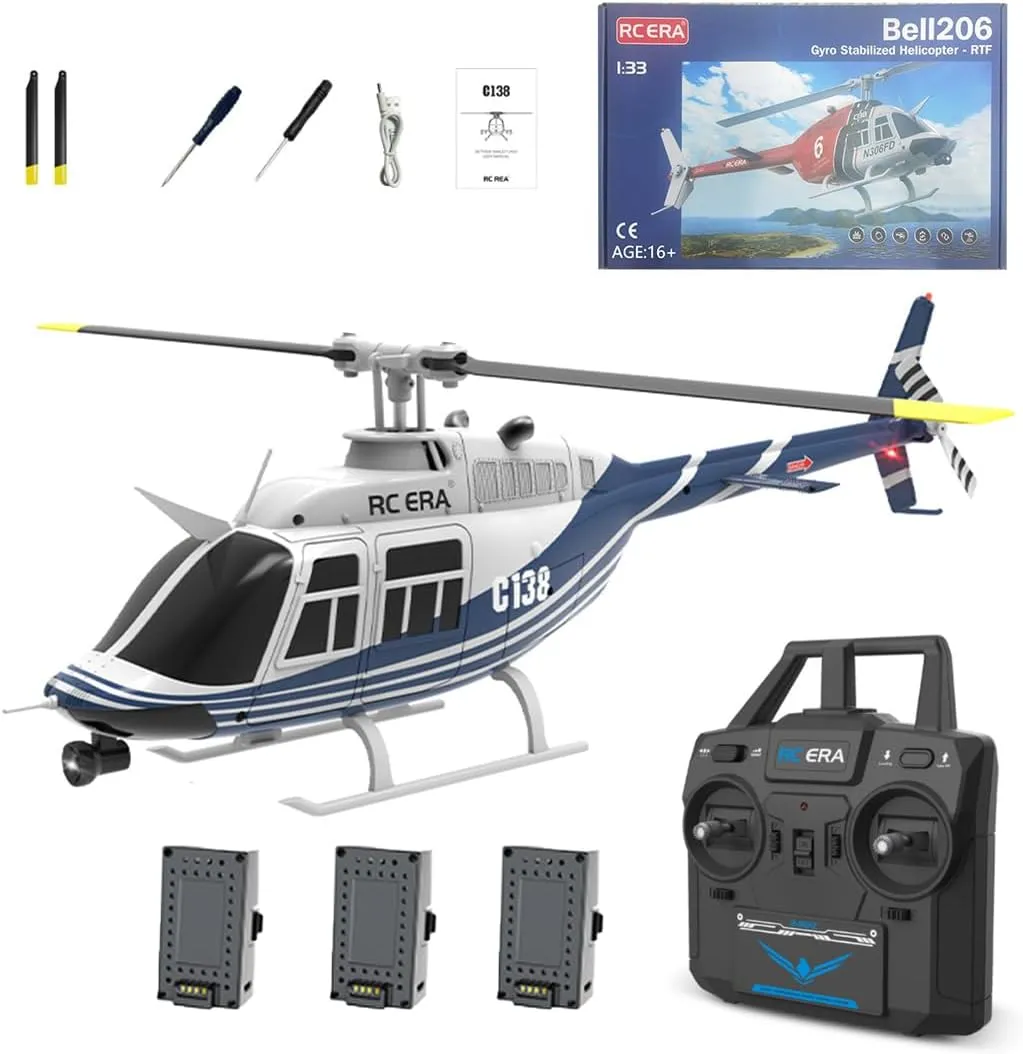 1/30 Scale RC ERA C138 Bell 206 RC Helicopter for Adult, 2.4G 6CH No Aileron Helicopter with Altitude Hold 6-axis Gyroand Optical Flow Positioning (Blue White/3 Batteries)