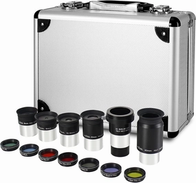13 Piece Telescope Accessory Kit - 1.25" Telescope Eyepiece and Filter Set with a Sturdy Carry Case - 5pcs Plossl Telescope Eyepieces - 2X Barlow Lens - 7pcs Filters