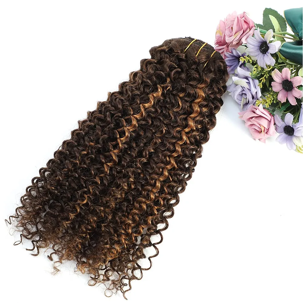 14 Inch Kinky Curly Clip in Hair Extensions for Black Women African American Clip ins, 3C 4A Ombre 4/30 Curly Hair Extensions Clip in Human Hair Triple Weft Thick Soft 10Pcs/Set Full Head Blend Well