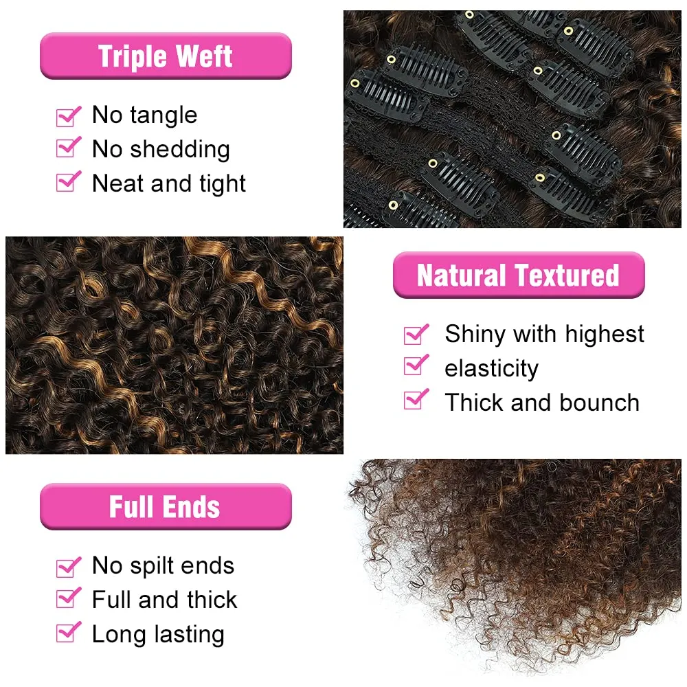 14 Inch Kinky Curly Clip in Hair Extensions for Black Women African American Clip ins, 3C 4A Ombre 4/30 Curly Hair Extensions Clip in Human Hair Triple Weft Thick Soft 10Pcs/Set Full Head Blend Well