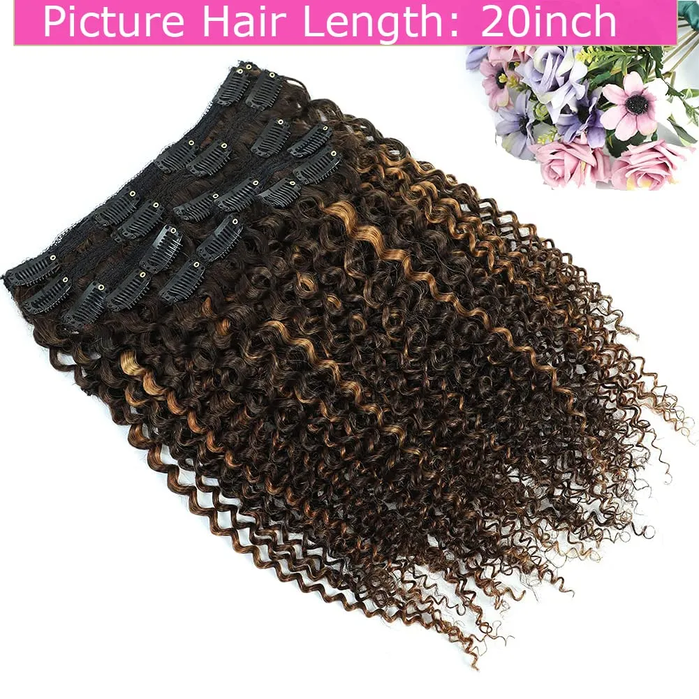 14 Inch Kinky Curly Clip in Hair Extensions for Black Women African American Clip ins, 3C 4A Ombre 4/30 Curly Hair Extensions Clip in Human Hair Triple Weft Thick Soft 10Pcs/Set Full Head Blend Well