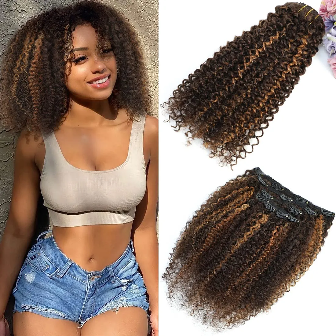 14 Inch Kinky Curly Clip in Hair Extensions for Black Women African American Clip ins, 3C 4A Ombre 4/30 Curly Hair Extensions Clip in Human Hair Triple Weft Thick Soft 10Pcs/Set Full Head Blend Well