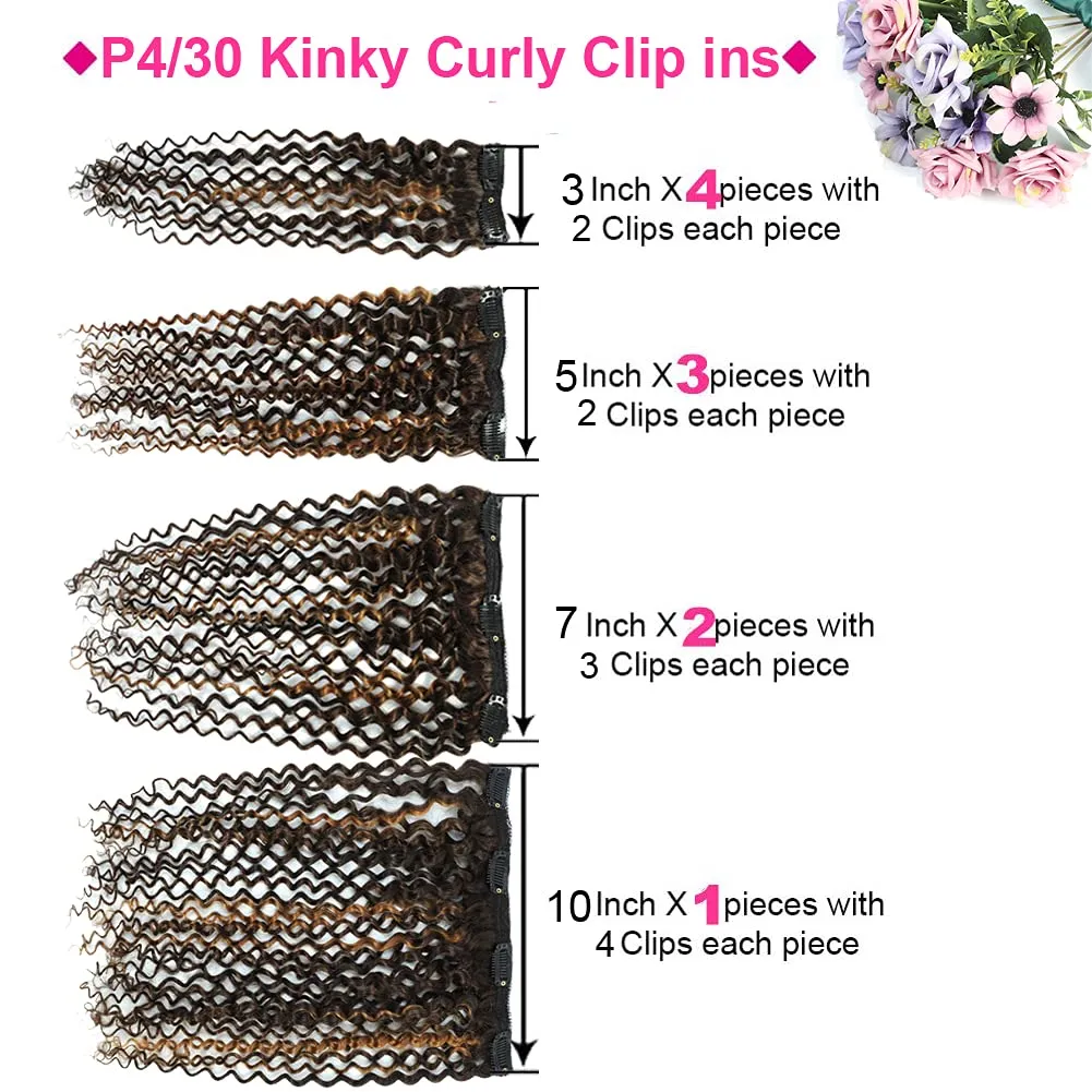 14 Inch Kinky Curly Clip in Hair Extensions for Black Women African American Clip ins, 3C 4A Ombre 4/30 Curly Hair Extensions Clip in Human Hair Triple Weft Thick Soft 10Pcs/Set Full Head Blend Well