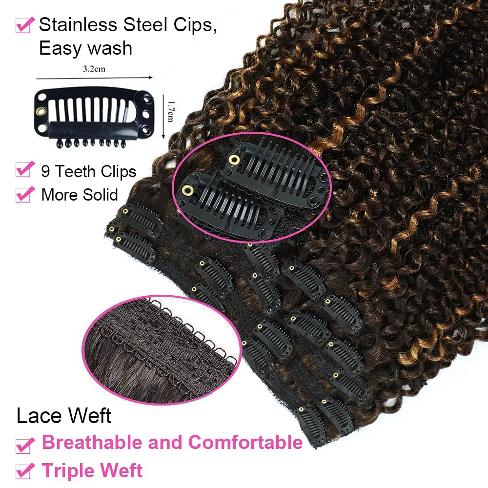 14 Inch Kinky Curly Clip in Hair Extensions for Black Women African American Clip ins, 3C 4A Ombre 4/30 Curly Hair Extensions Clip in Human Hair Triple Weft Thick Soft 10Pcs/Set Full Head Blend Well