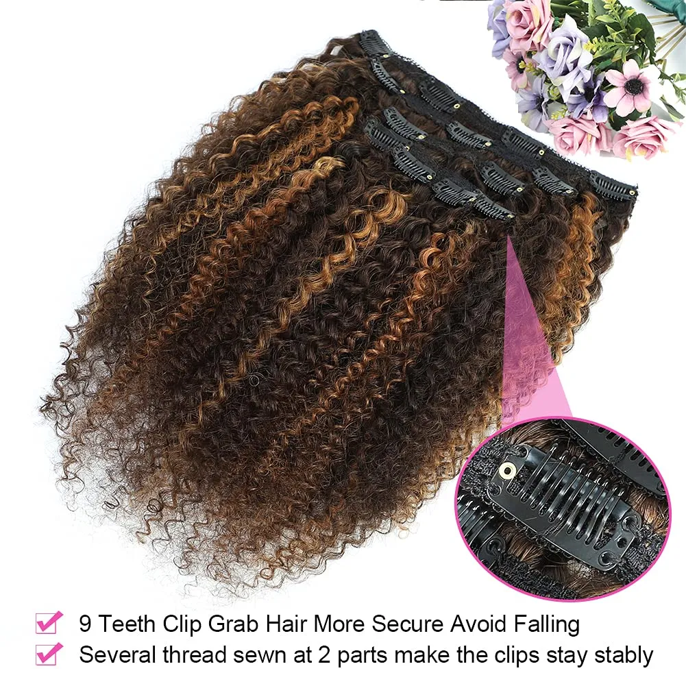 14 Inch Kinky Curly Clip in Hair Extensions for Black Women African American Clip ins, 3C 4A Ombre 4/30 Curly Hair Extensions Clip in Human Hair Triple Weft Thick Soft 10Pcs/Set Full Head Blend Well